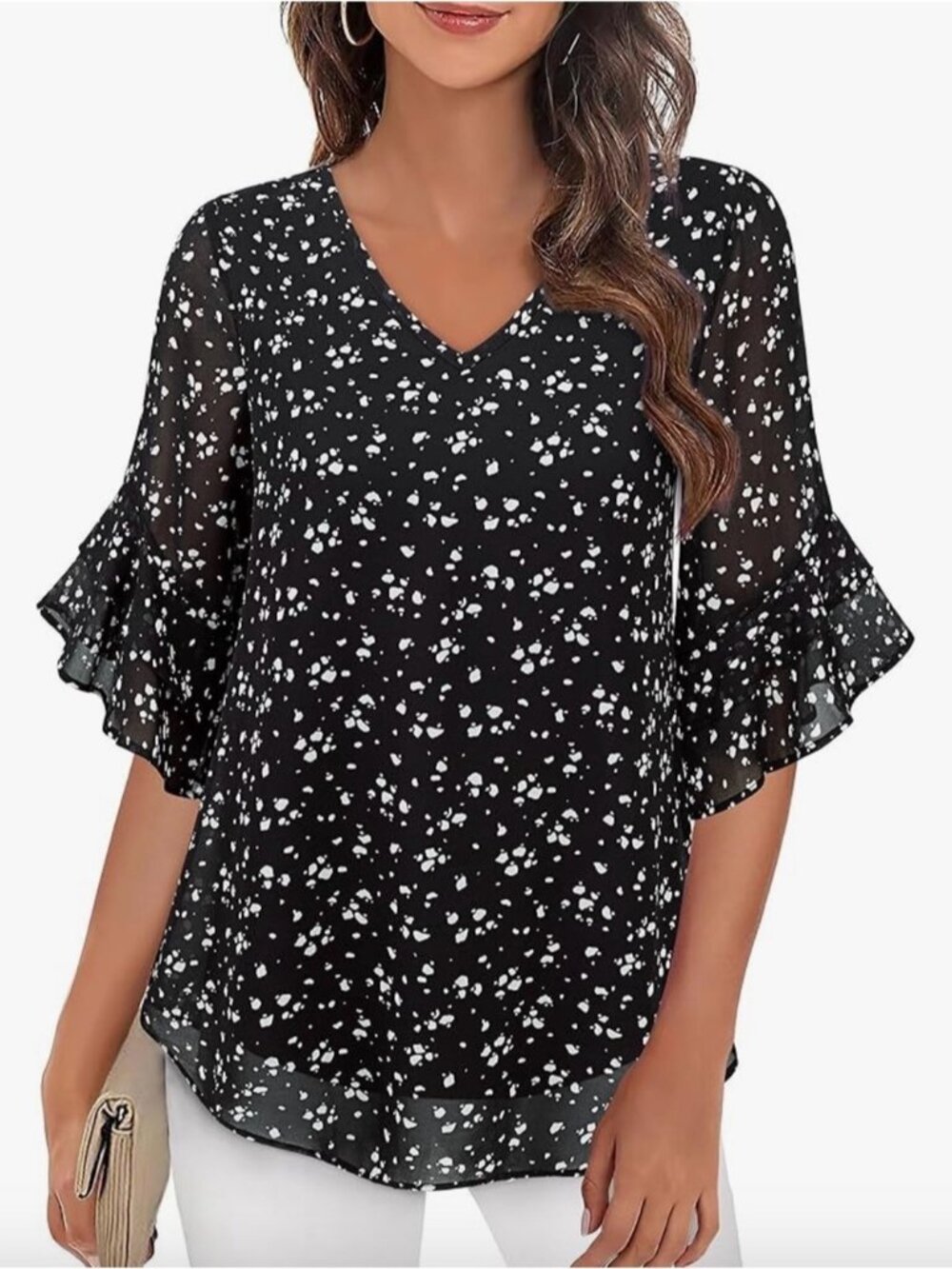 Black Floral V-Neck Blouse with Flutter Sleeves Womens Size M NWT